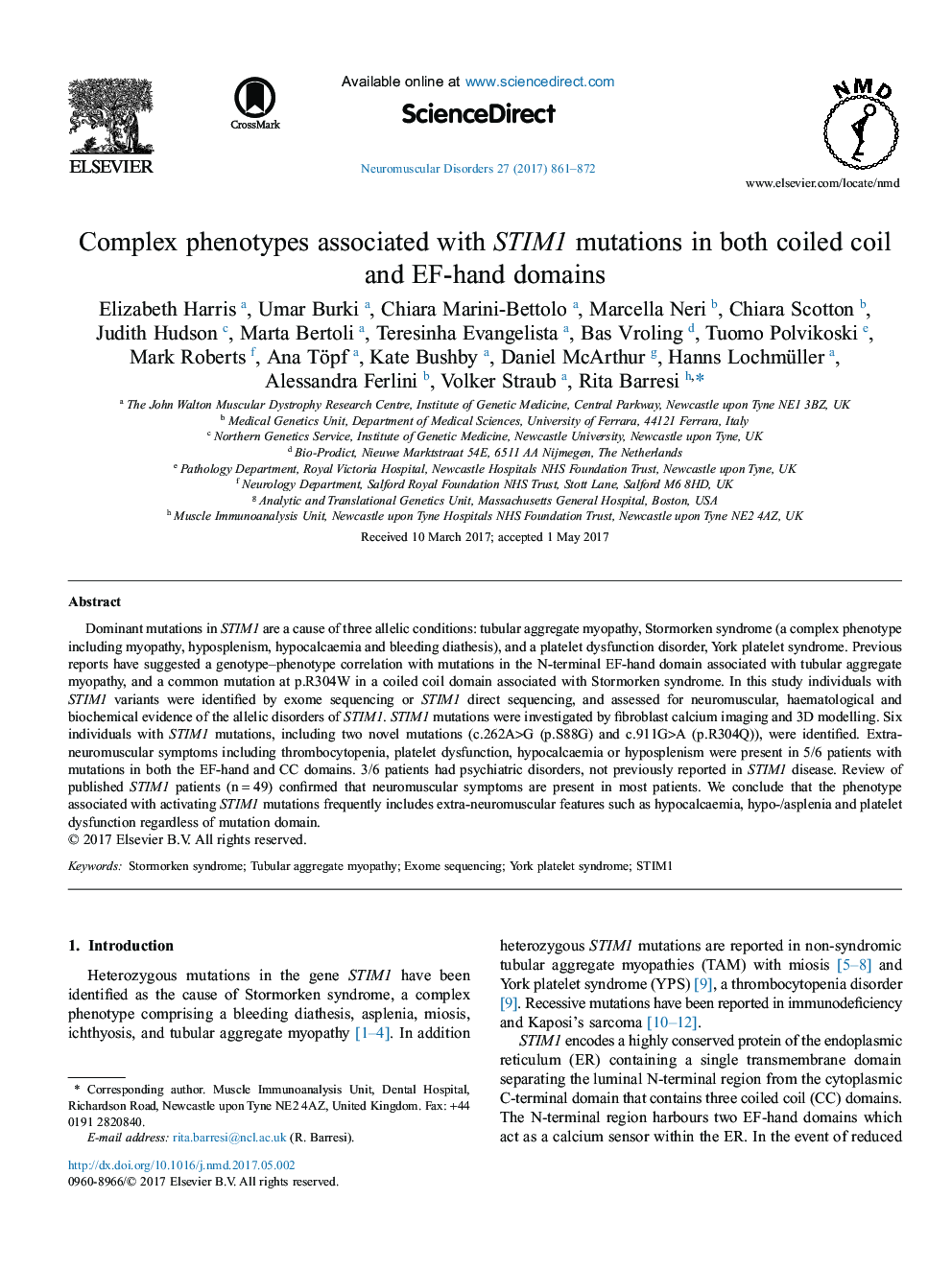 Complex phenotypes associated with STIM1 mutations in both coiled coil and EF-hand domains