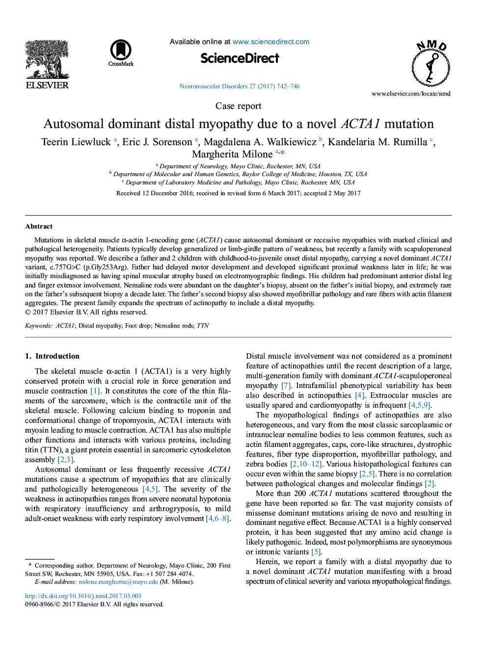 Autosomal dominant distal myopathy due to a novel ACTA1 mutation