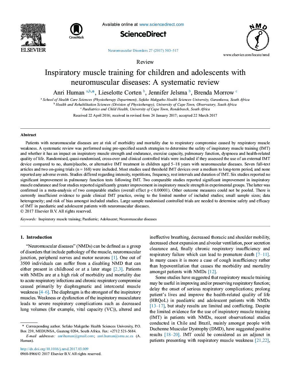 ReviewInspiratory muscle training for children and adolescents with neuromuscular diseases: A systematic review