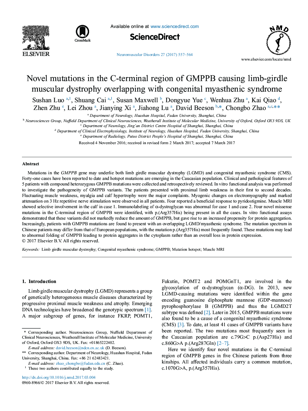 Novel mutations in the C-terminal region of GMPPB causing limb-girdle muscular dystrophy overlapping with congenital myasthenic syndrome