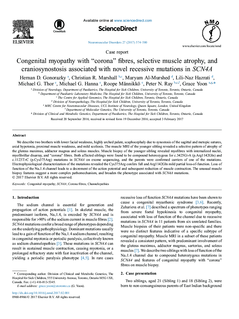 Case reportCongenital myopathy with “corona” fibres, selective muscle atrophy, and craniosynostosis associated with novel recessive mutations in SCN4A