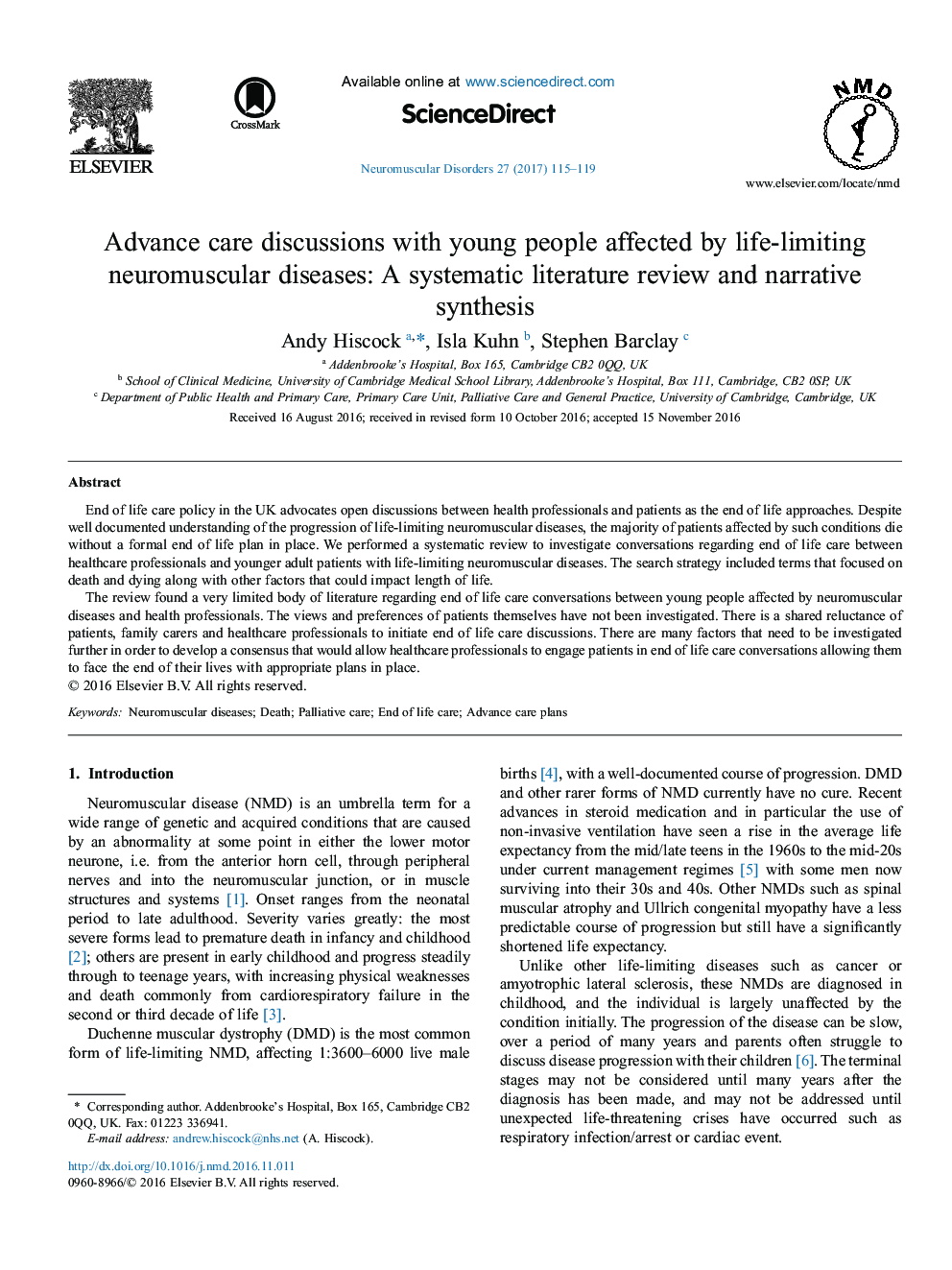 Advance care discussions with young people affected by life-limiting neuromuscular diseases: A systematic literature review and narrative synthesis