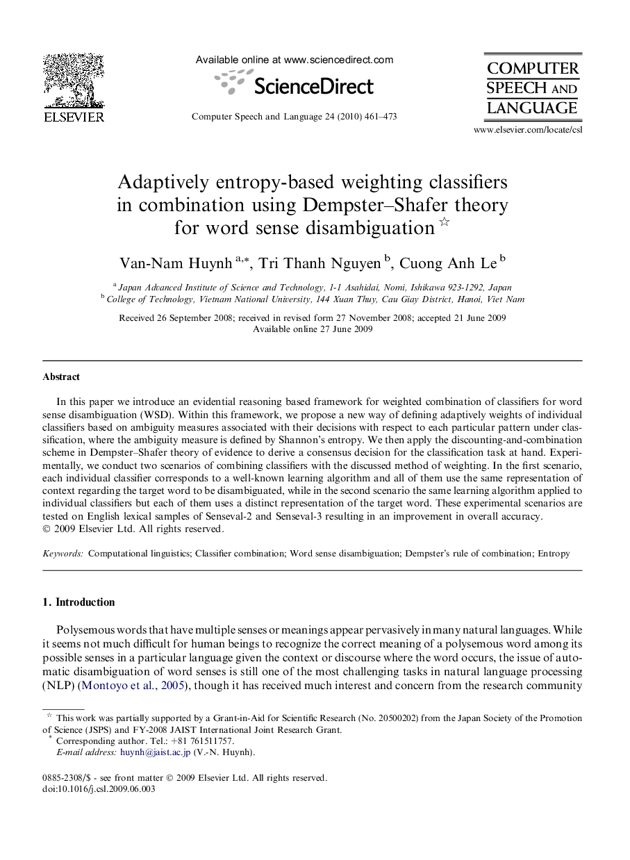 Adaptively entropy-based weighting classifiers in combination using Dempster–Shafer theory for word sense disambiguation 