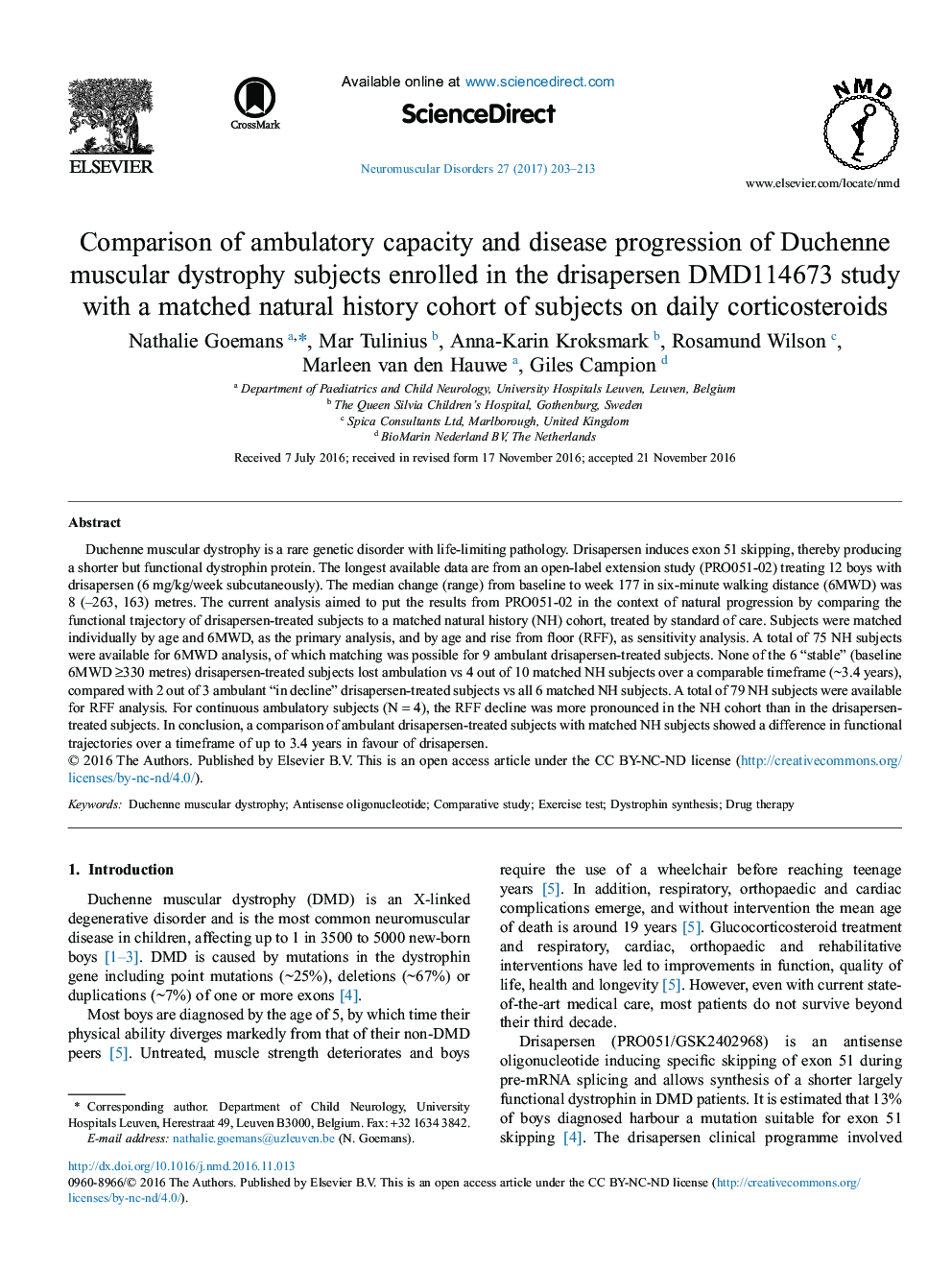 Comparison of ambulatory capacity and disease progression of Duchenne muscular dystrophy subjects enrolled in the drisapersen DMD114673 study with a matched natural history cohort of subjects on daily corticosteroids