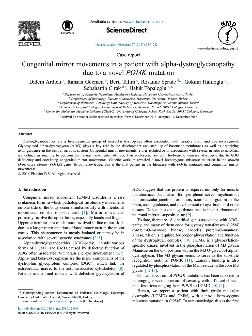 Case reportCongenital mirror movements in a patient with alpha-dystroglycanopathy due to a novel POMK mutation