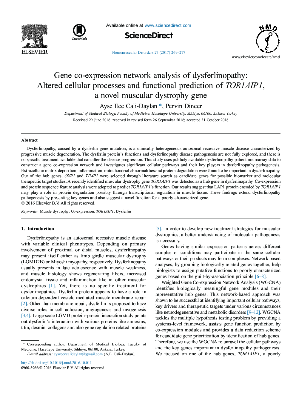 Gene co-expression network analysis of dysferlinopathy: Altered cellular processes and functional prediction of TOR1AIP1, a novel muscular dystrophy gene