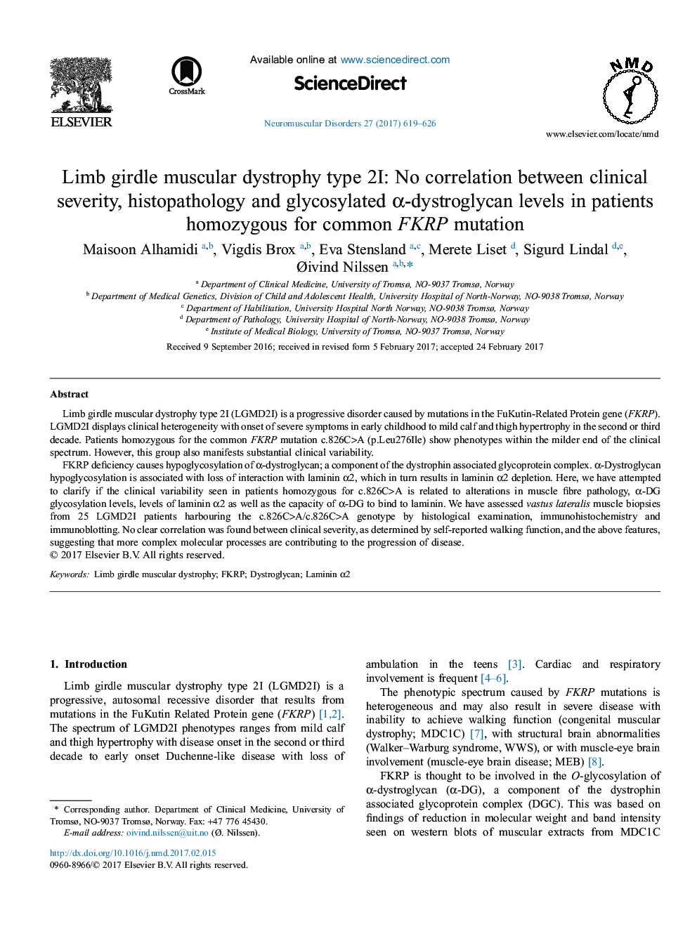 Limb girdle muscular dystrophy type 2I: No correlation between clinical severity, histopathology and glycosylated Î±-dystroglycan levels in patients homozygous for common FKRP mutation