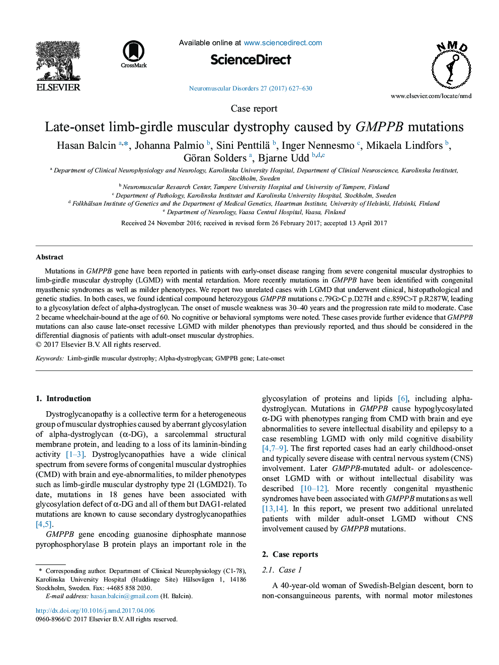 Case reportLate-onset limb-girdle muscular dystrophy caused by GMPPB mutations