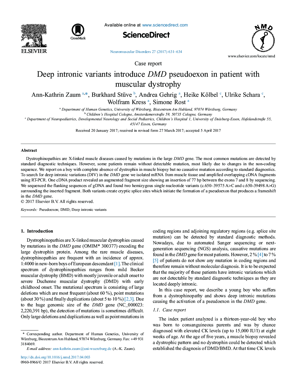 Case reportDeep intronic variants introduce DMD pseudoexon in patient with muscular dystrophy