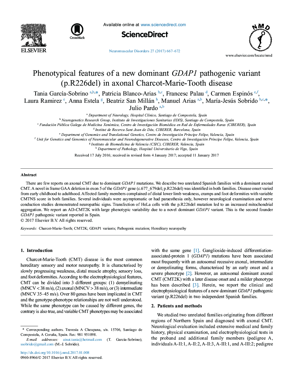 Phenotypical features of a new dominant GDAP1 pathogenic variant (p.R226del) in axonal Charcot-Marie-Tooth disease