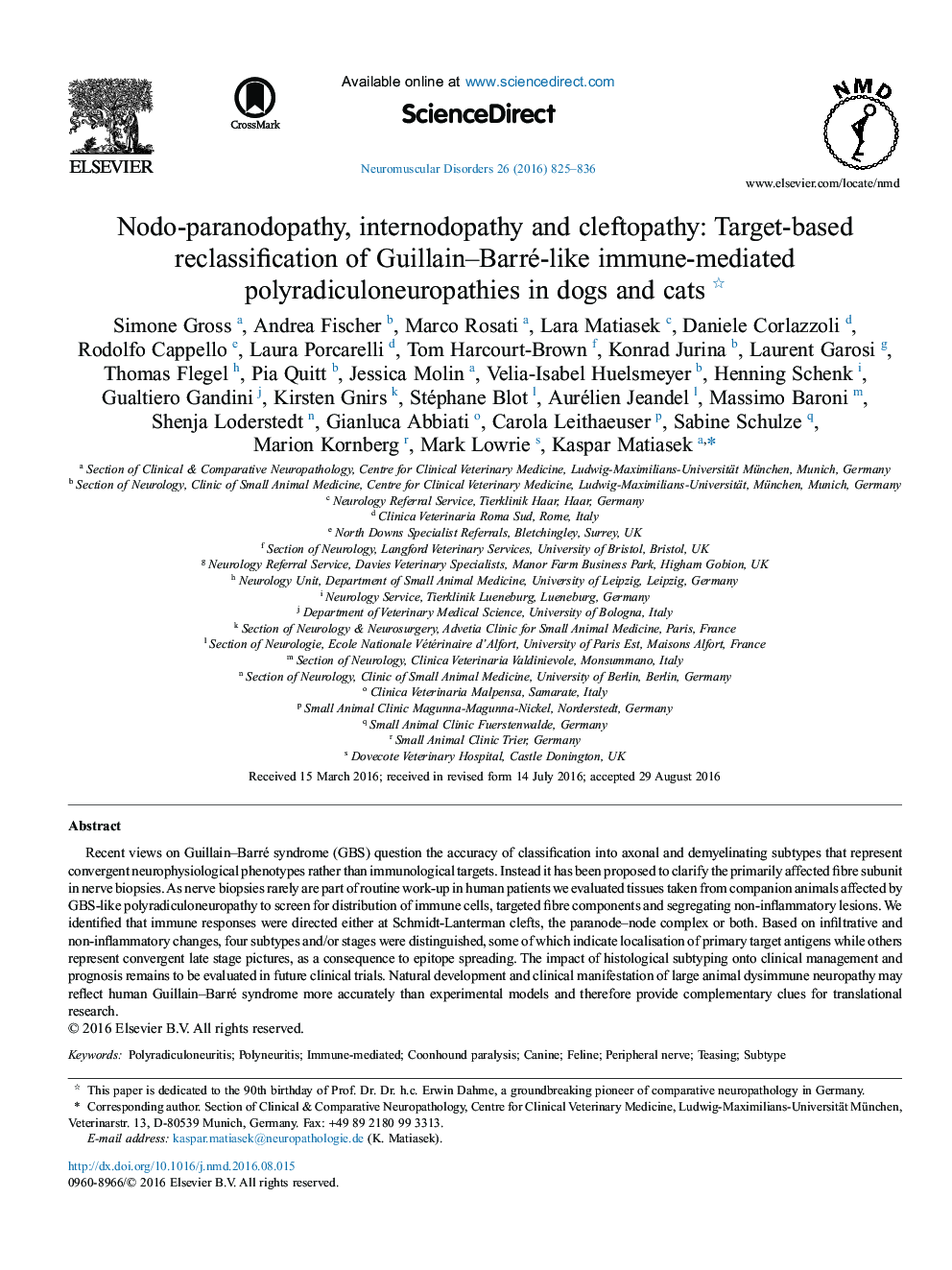 Nodo-paranodopathy, internodopathy and cleftopathy: Target-based reclassification of Guillain-Barré-like immune-mediated polyradiculoneuropathies in dogs and cats