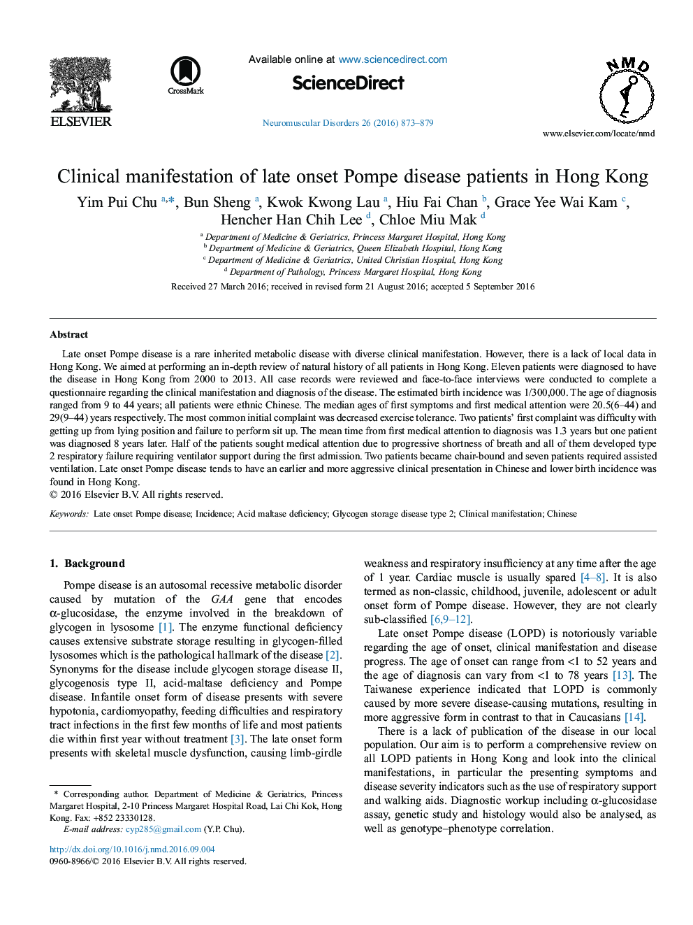 Clinical manifestation of late onset Pompe disease patients in Hong Kong