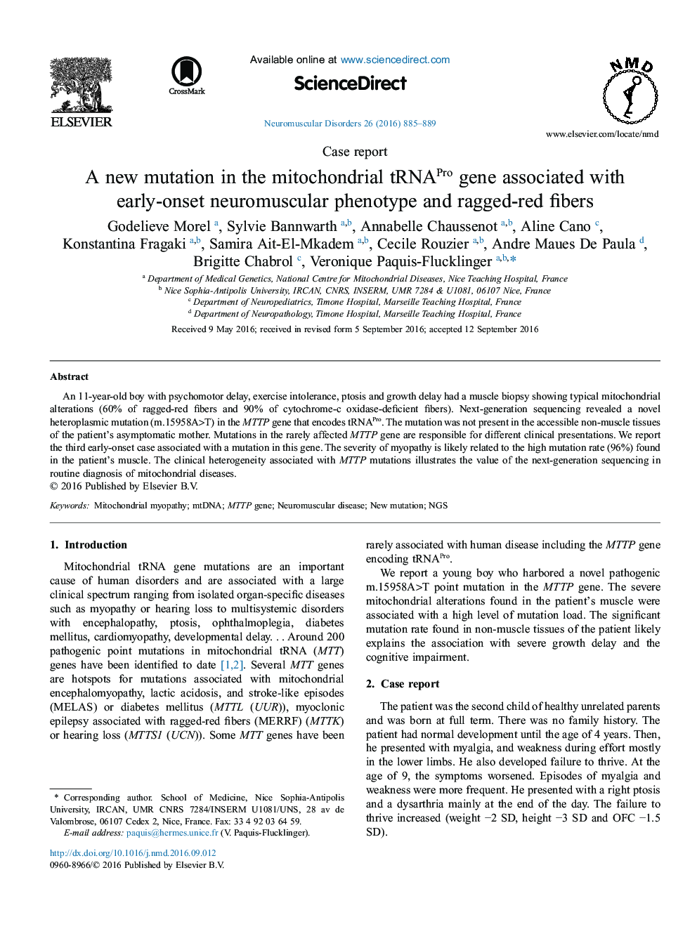 A new mutation in the mitochondrial tRNAPro gene associated with early-onset neuromuscular phenotype and ragged-red fibers