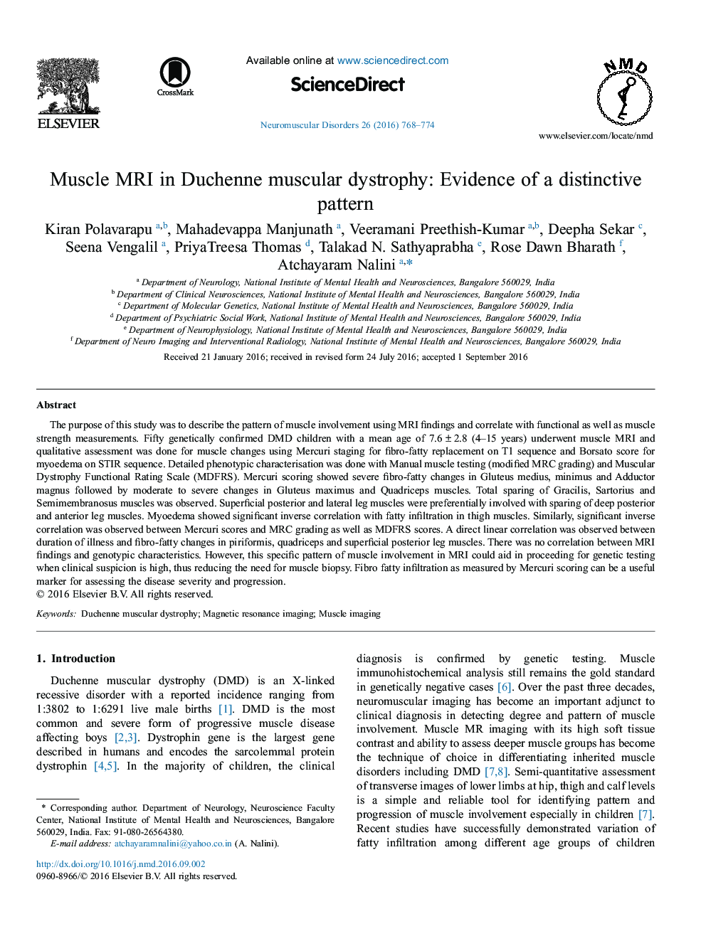 Muscle MRI in Duchenne muscular dystrophy: Evidence of a distinctive pattern