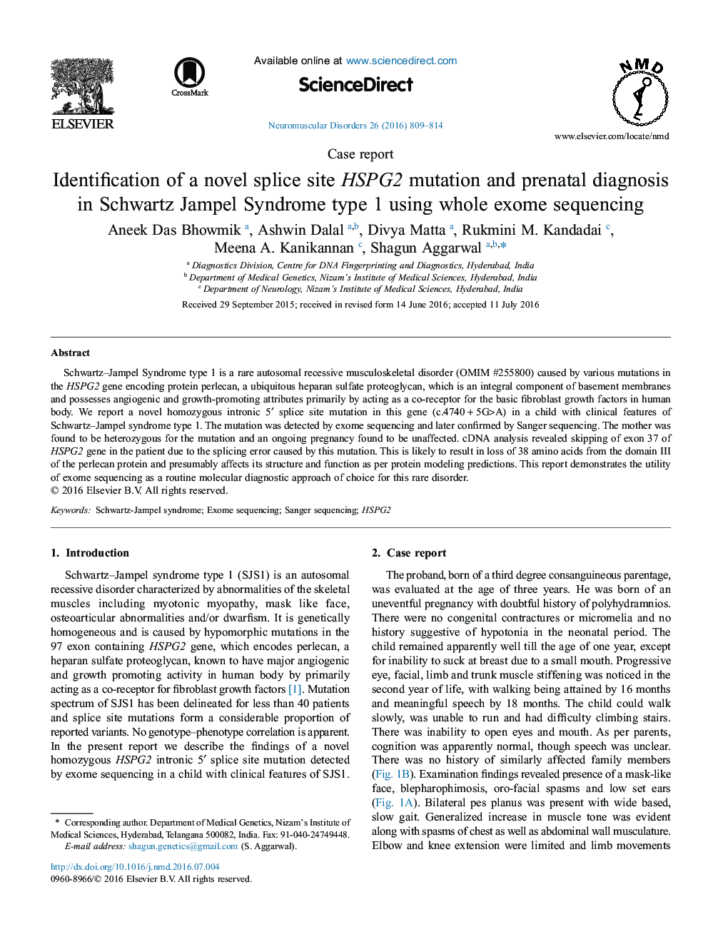 Case reportIdentification of a novel splice site HSPG2 mutation and prenatal diagnosis in Schwartz Jampel Syndrome type 1 using whole exome sequencing