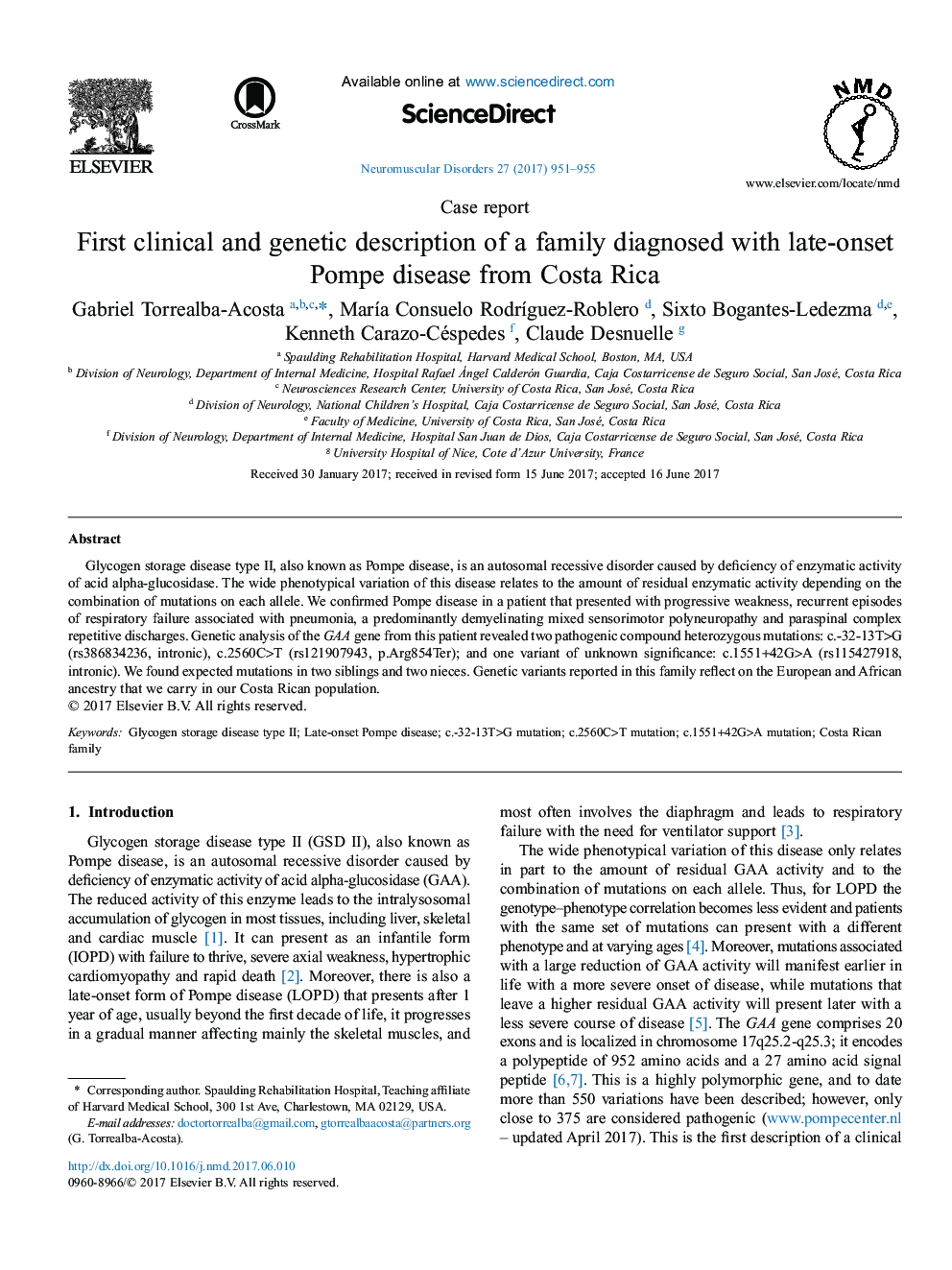 Case reportFirst clinical and genetic description of a family diagnosed with late-onset Pompe disease from Costa Rica