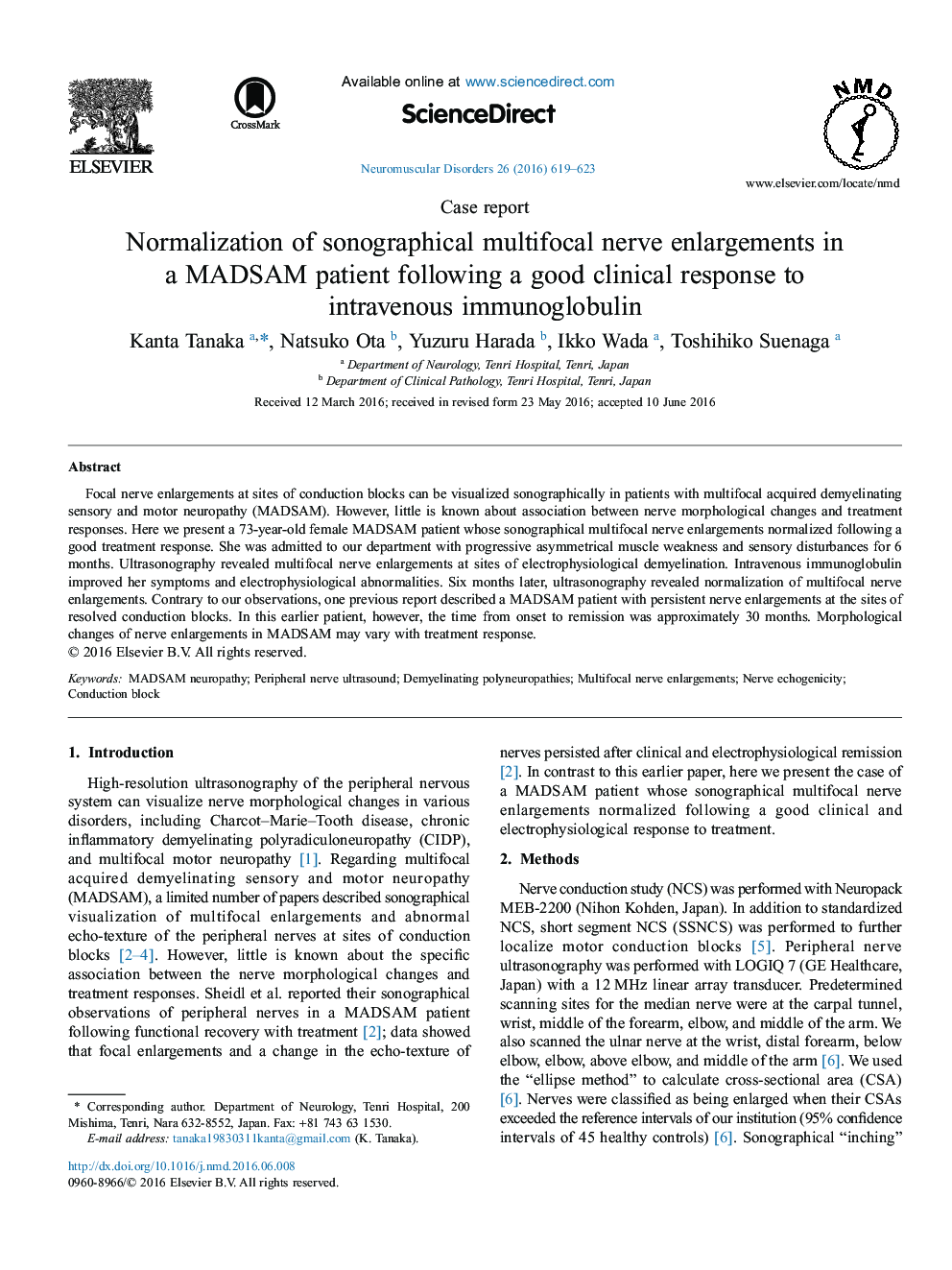 Normalization of sonographical multifocal nerve enlargements in a MADSAM patient following a good clinical response to intravenous immunoglobulin