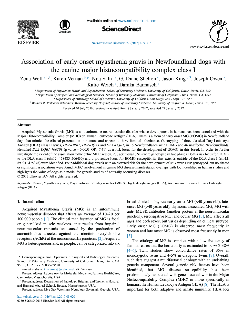 Association of early onset myasthenia gravis in Newfoundland dogs with the canine major histocompatibility complex class I