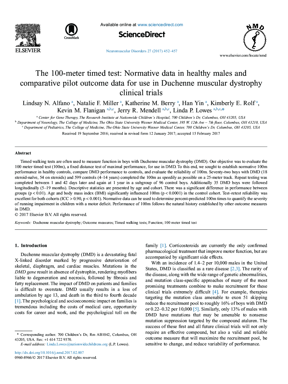 The 100-meter timed test: Normative data in healthy males and comparative pilot outcome data for use in Duchenne muscular dystrophy clinical trials