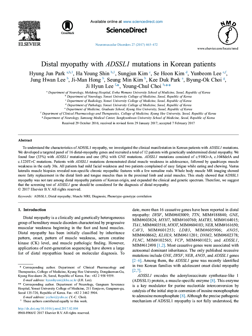 Distal myopathy with ADSSL1 mutations in Korean patients