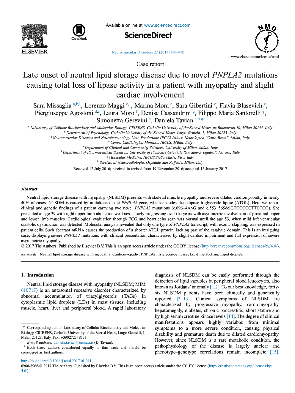 Late onset of neutral lipid storage disease due to novel PNPLA2 mutations causing total loss of lipase activity in a patient with myopathy and slight cardiac involvement