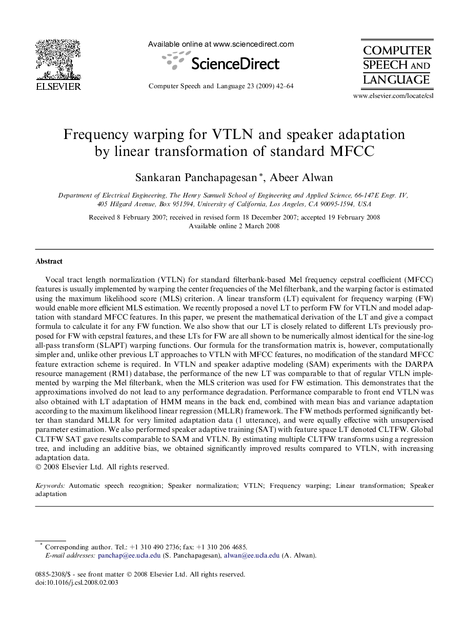 Frequency warping for VTLN and speaker adaptation by linear transformation of standard MFCC