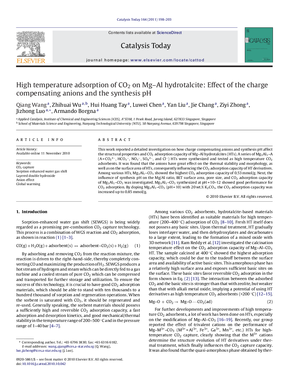 High temperature adsorption of CO2 on Mg–Al hydrotalcite: Effect of the charge compensating anions and the synthesis pH