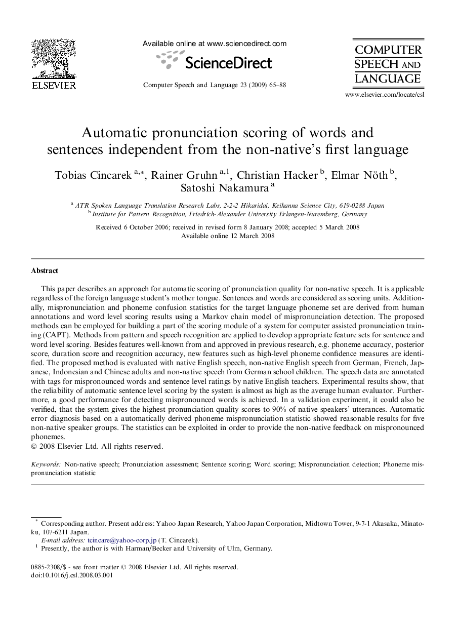 Automatic pronunciation scoring of words and sentences independent from the non-native’s first language