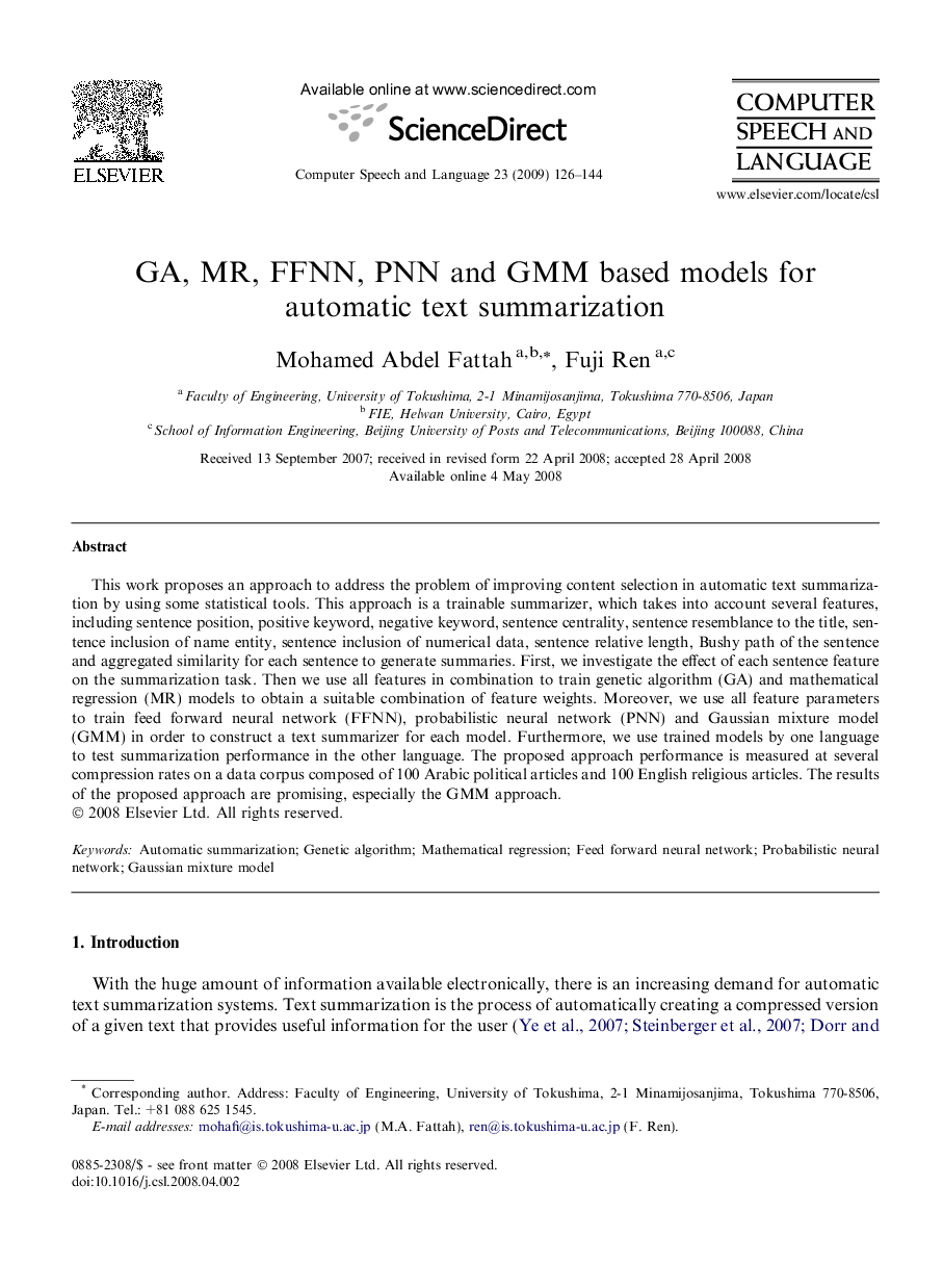 GA, MR, FFNN, PNN and GMM based models for automatic text summarization