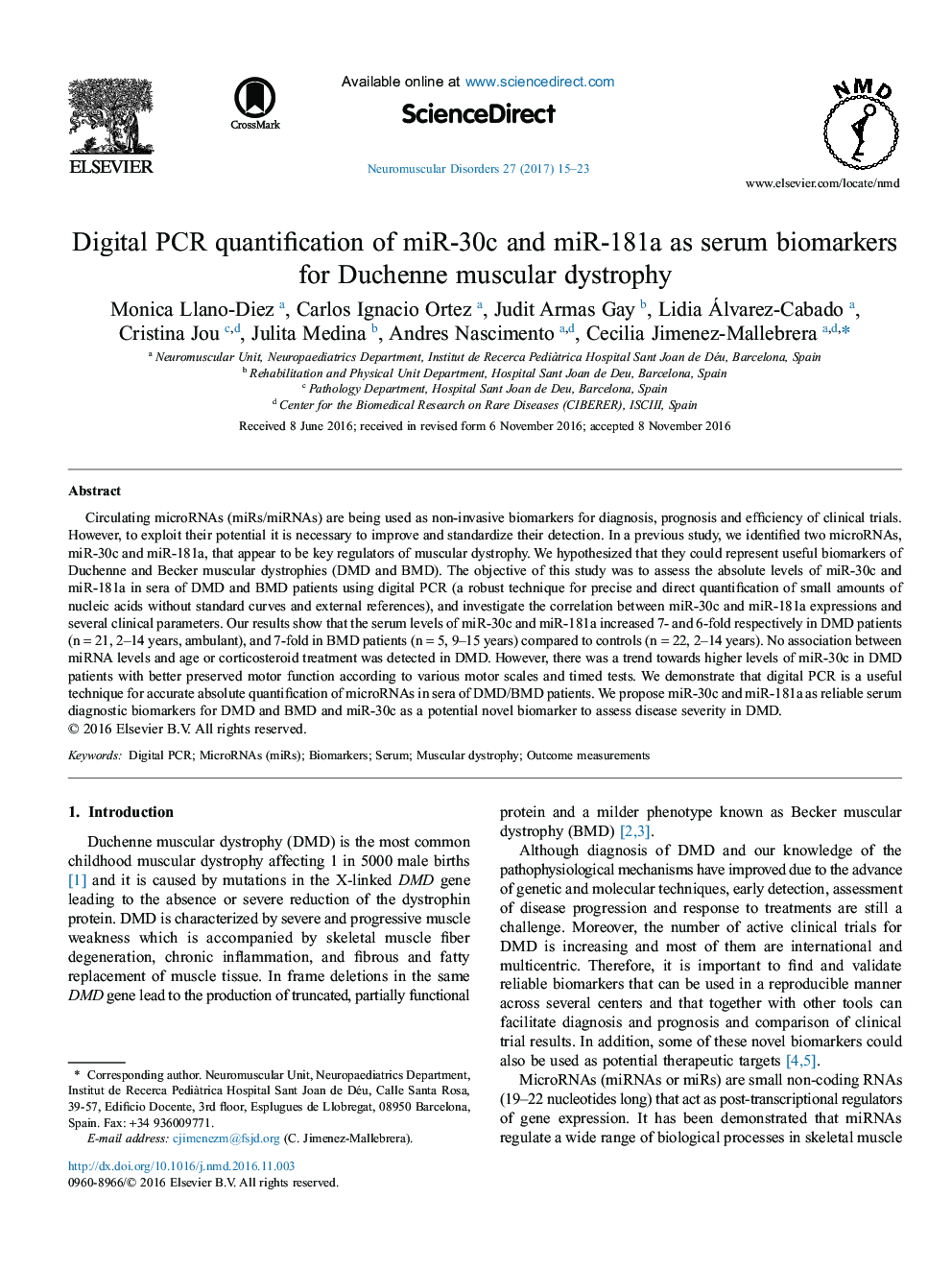 Digital PCR quantification of miR-30c and miR-181a as serum biomarkers for Duchenne muscular dystrophy