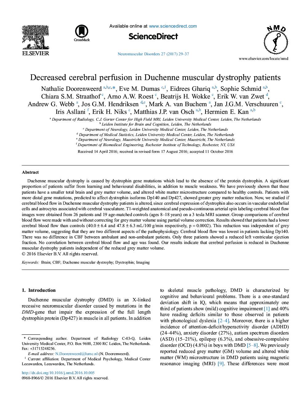 Decreased cerebral perfusion in Duchenne muscular dystrophy patients