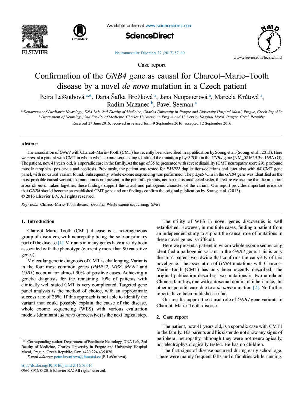 Case reportConfirmation of the GNB4 gene as causal for Charcot-Marie-Tooth disease by a novel de novo mutation in a Czech patient