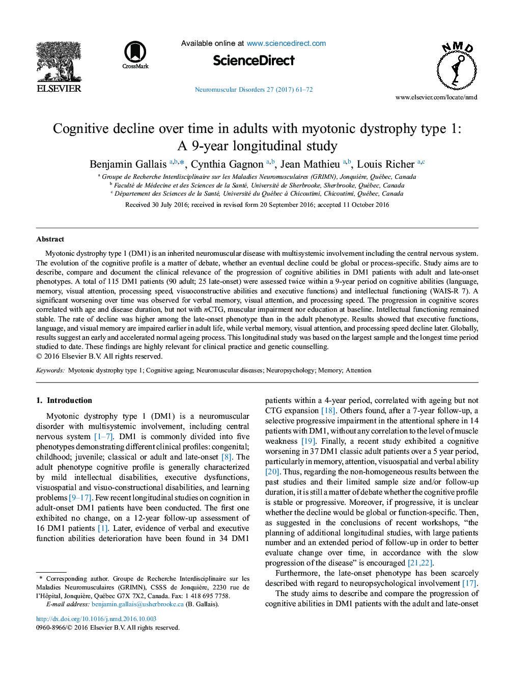 Cognitive decline over time in adults with myotonic dystrophy type 1: A 9-year longitudinal study