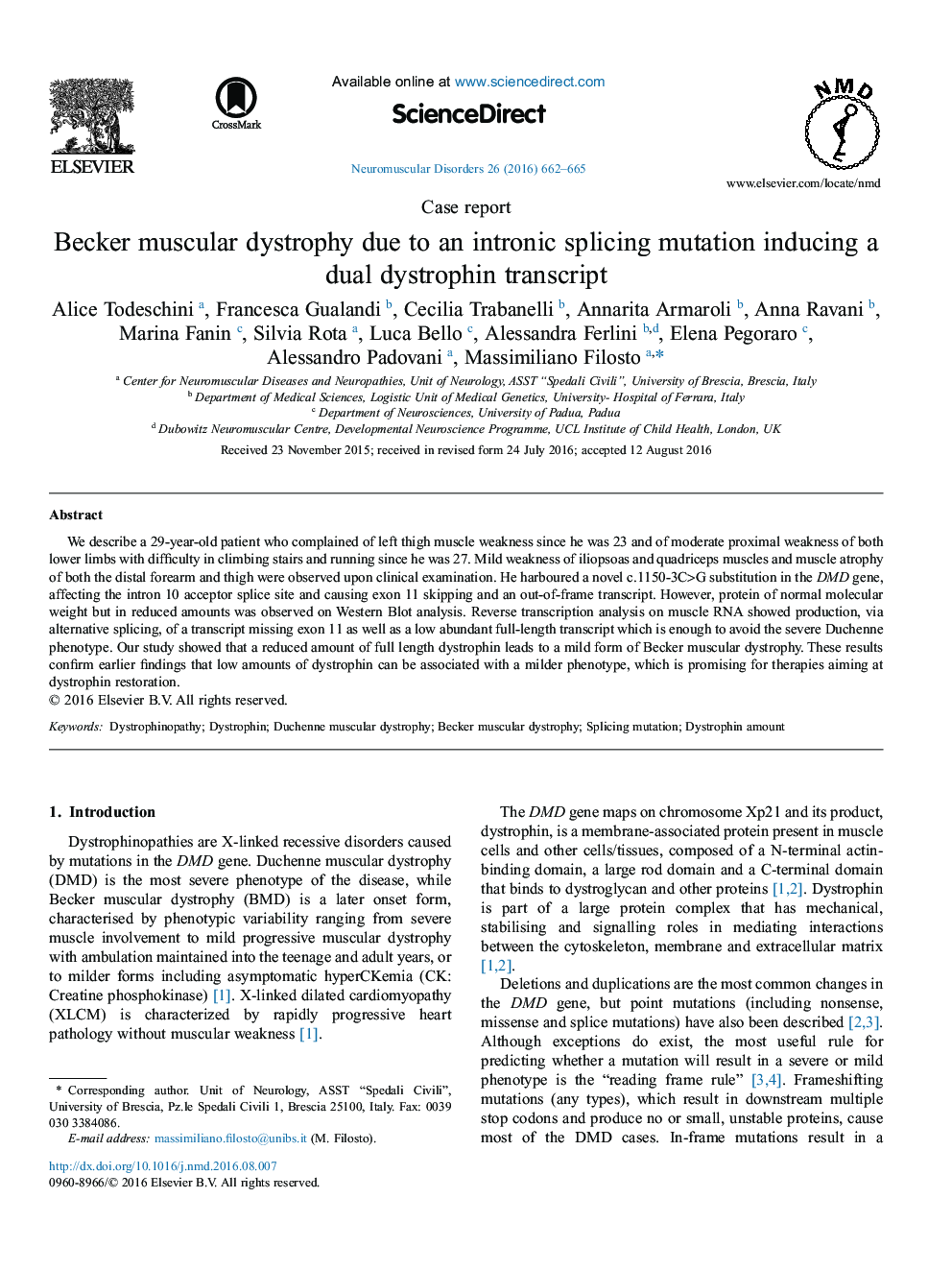 Case reportBecker muscular dystrophy due to an intronic splicing mutation inducing a dual dystrophin transcript