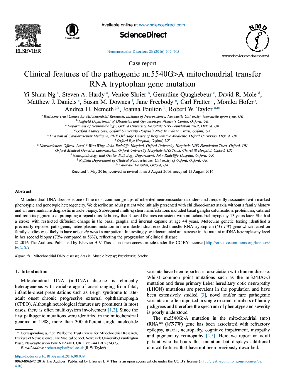 Case reportClinical features of the pathogenic m.5540G>A mitochondrial transfer RNA tryptophan gene mutation