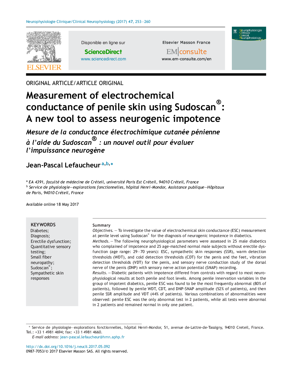 Measurement of electrochemical conductance of penile skin using Sudoscan®: A new tool to assess neurogenic impotence