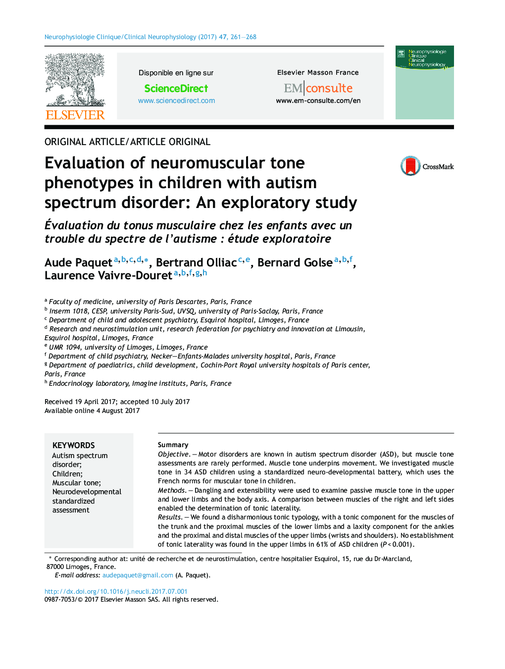 Evaluation of neuromuscular tone phenotypes in children with autism spectrum disorder: An exploratory study