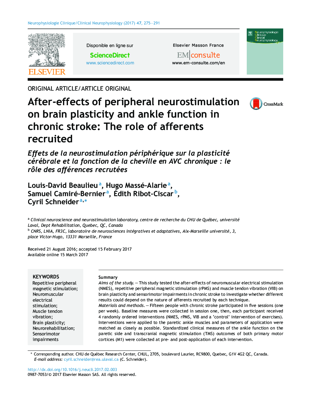 After-effects of peripheral neurostimulation on brain plasticity and ankle function in chronic stroke: The role of afferents recruited