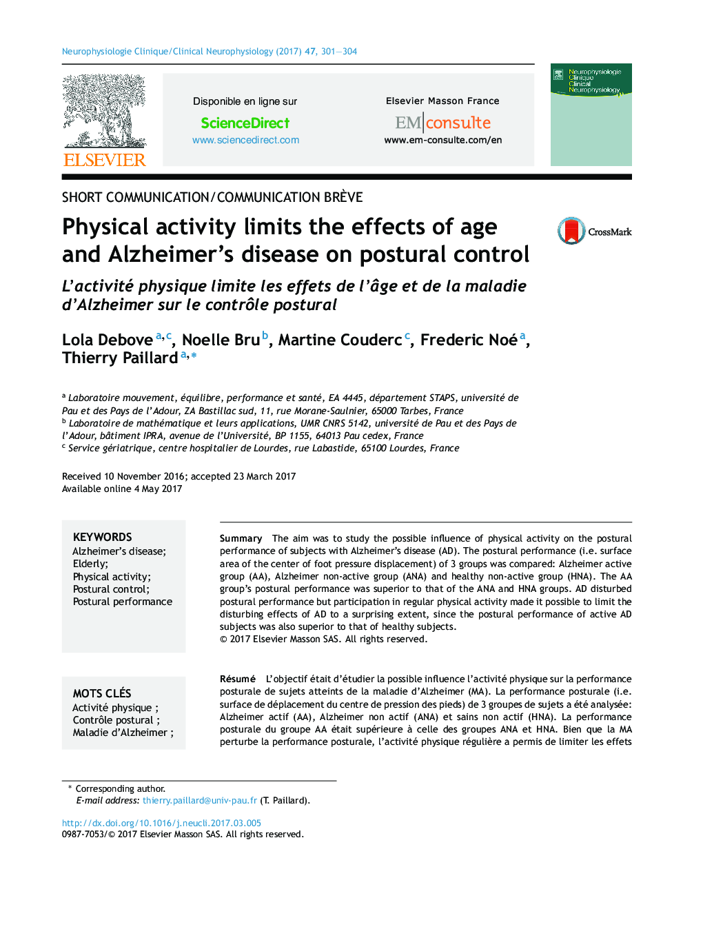 Physical activity limits the effects of age and Alzheimer's disease on postural control