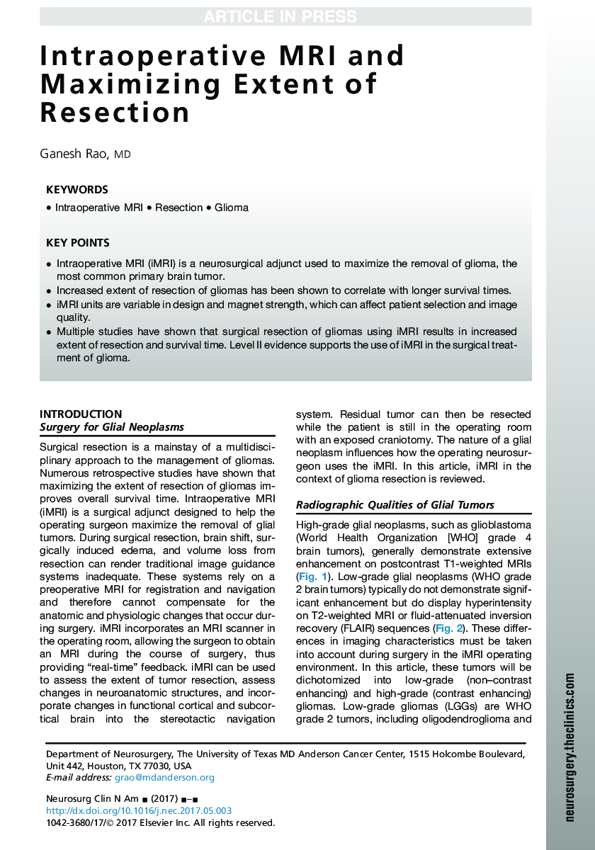 Intraoperative MRI and Maximizing Extent of Resection