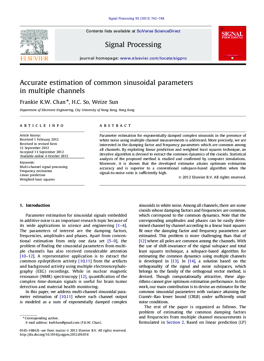 Accurate estimation of common sinusoidal parameters in multiple channels