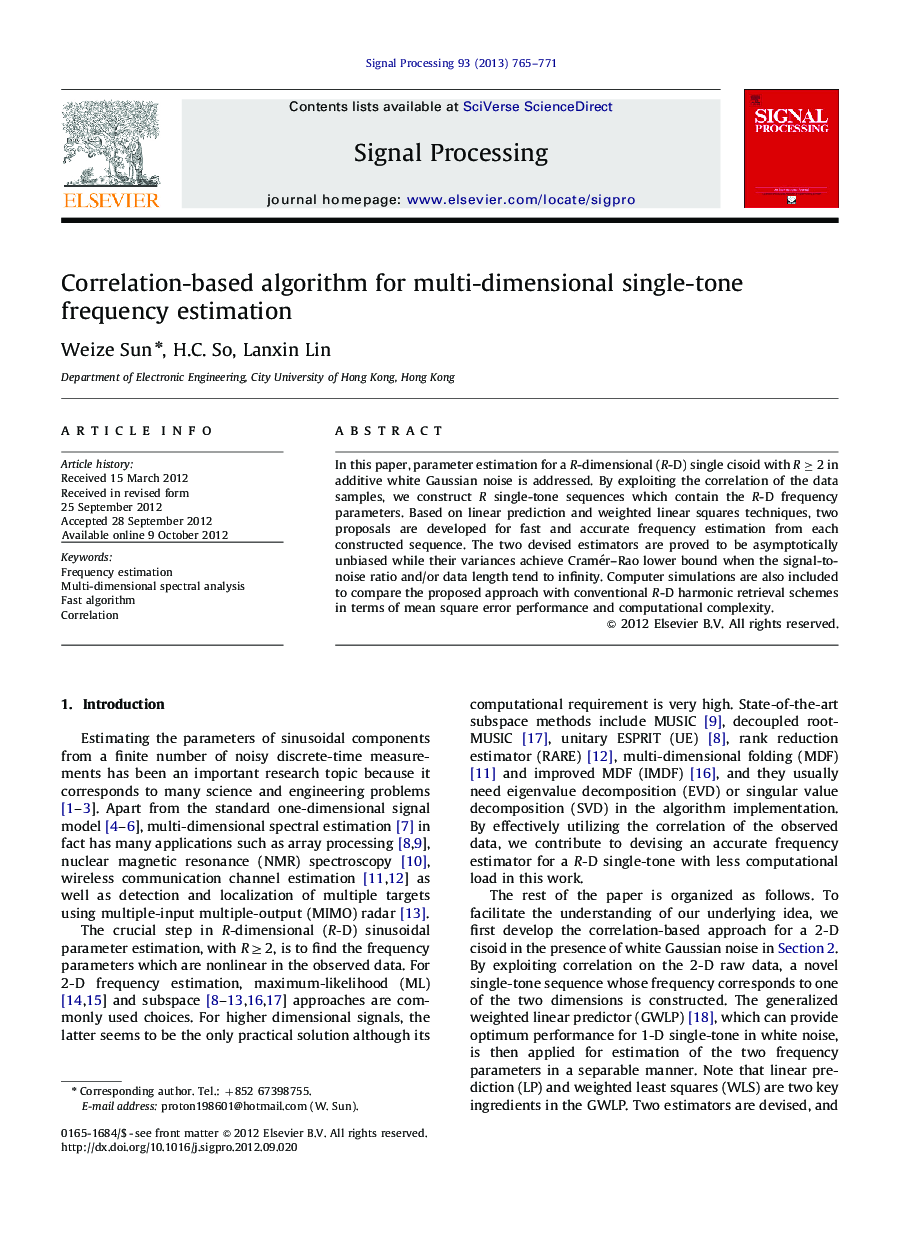 Correlation-based algorithm for multi-dimensional single-tone frequency estimation