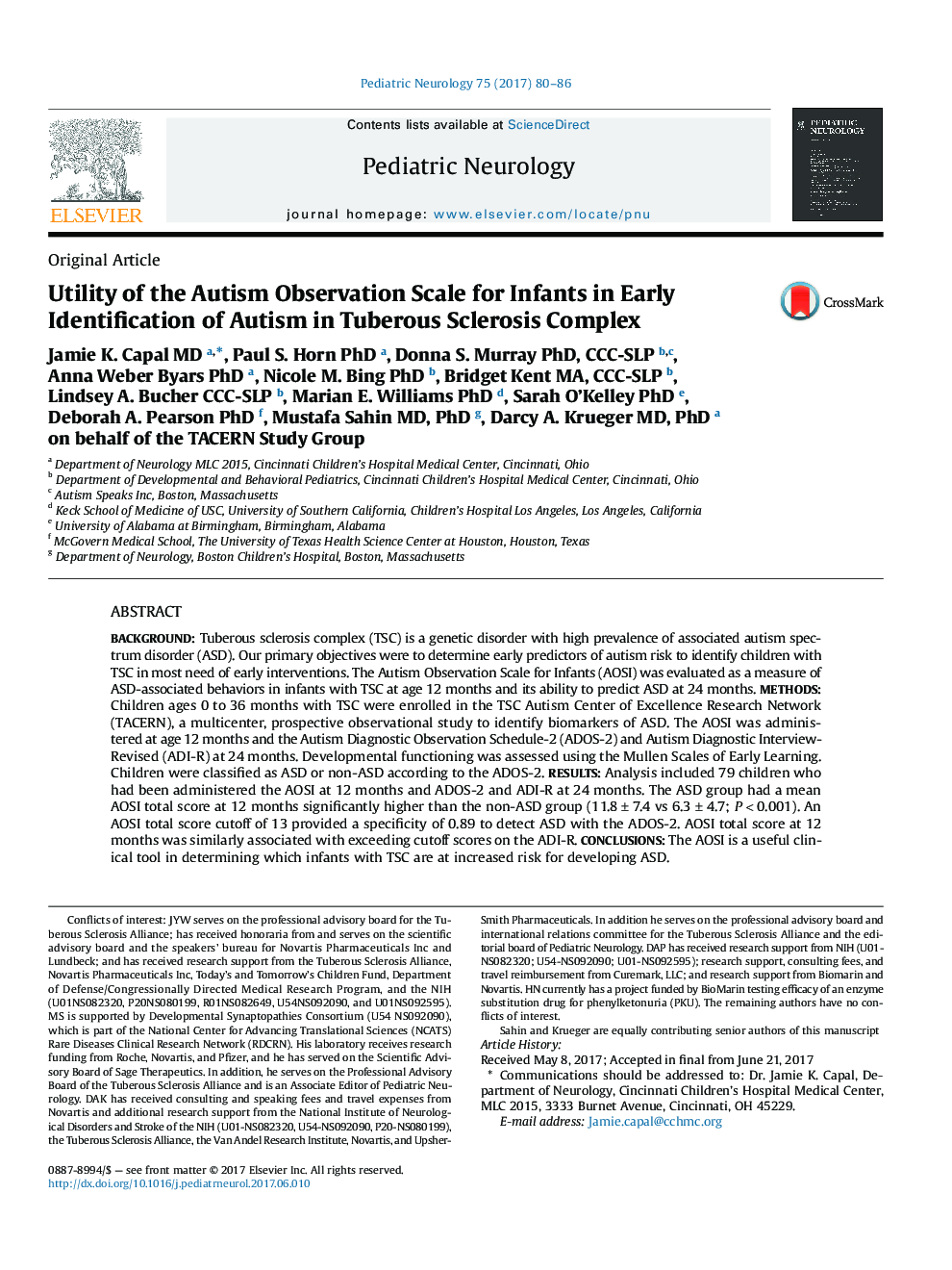 Original ArticleUtility of the Autism Observation Scale for Infants in Early Identification of Autism in Tuberous Sclerosis Complex