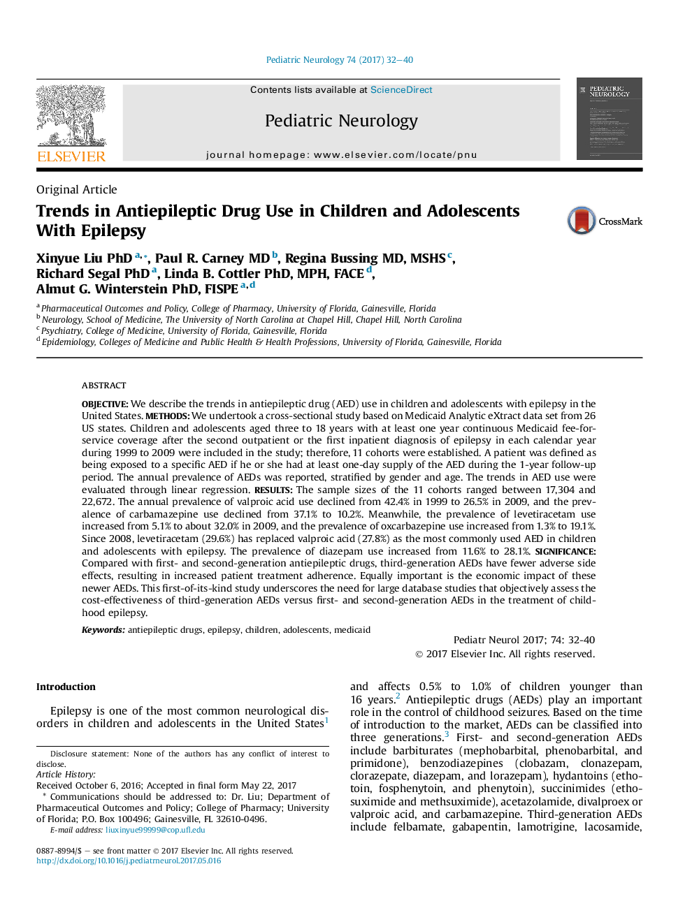 Original ArticleTrends in Antiepileptic Drug Use in Children and Adolescents With Epilepsy