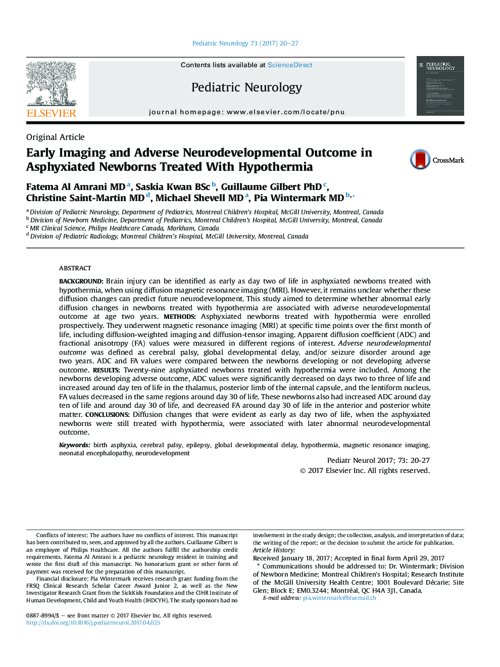 Original ArticleEarly Imaging and Adverse Neurodevelopmental Outcome in Asphyxiated Newborns Treated With Hypothermia