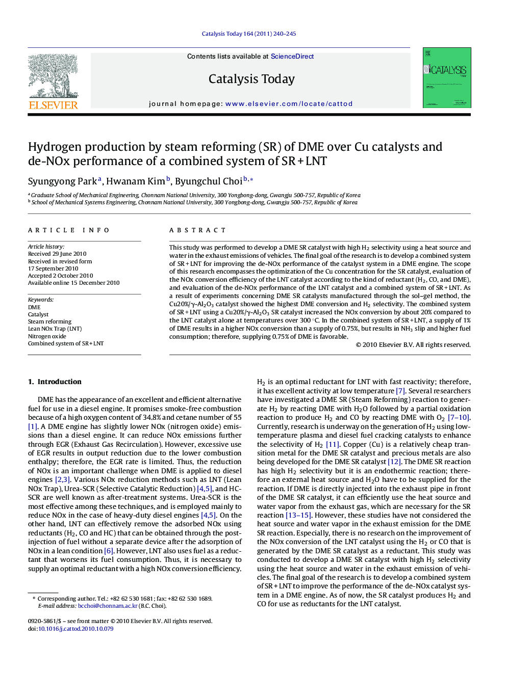 Hydrogen production by steam reforming (SR) of DME over Cu catalysts and de-NOx performance of a combined system of SR + LNT