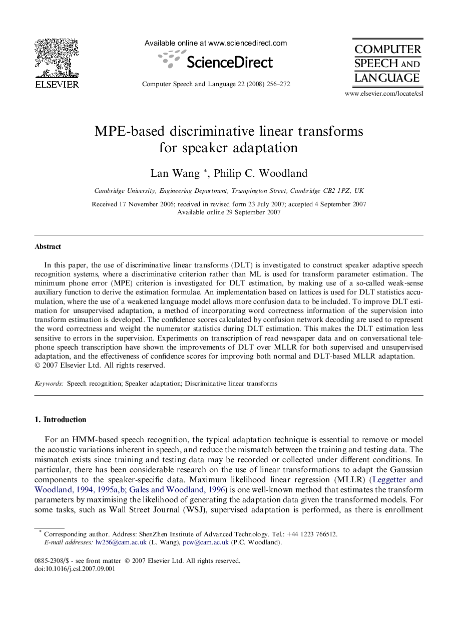 MPE-based discriminative linear transforms for speaker adaptation