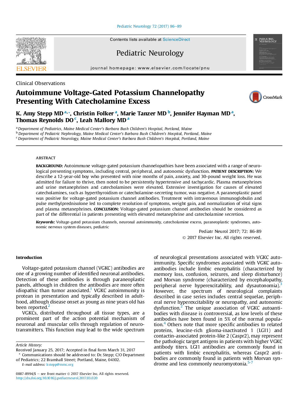 Clinical ObservationsAutoimmune Voltage-Gated Potassium Channelopathy Presenting With Catecholamine Excess