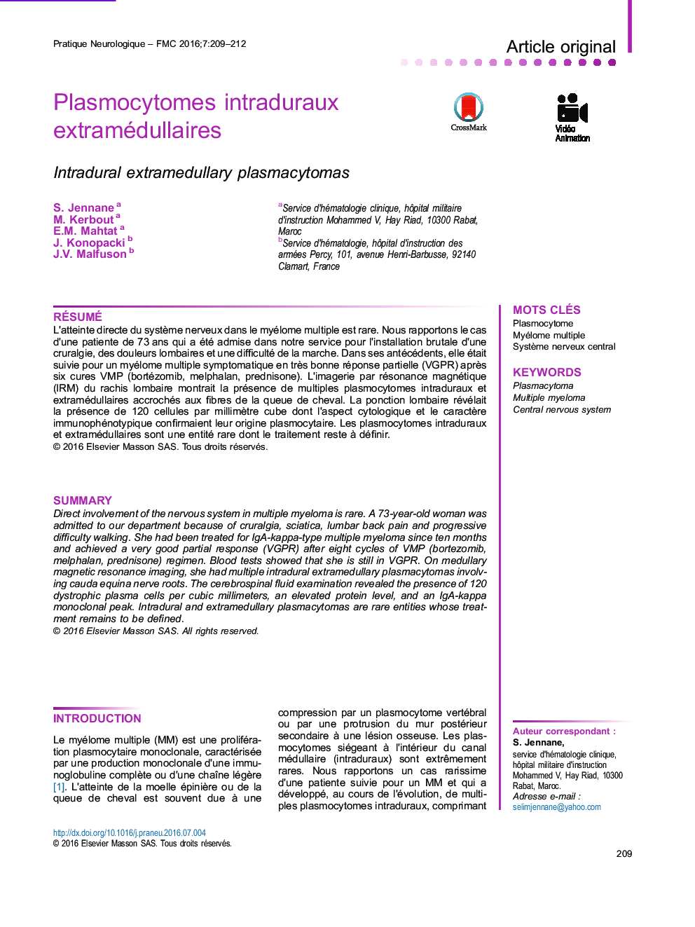 Plasmocytomes intraduraux extramédullaires