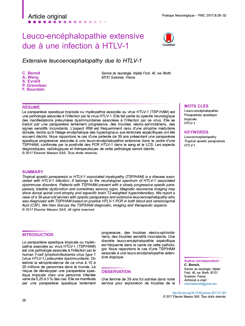 Article originalLeuco-encéphalopathie extensive due Ã  une infection Ã  HTLV-1Extensive leucoencephalopathy due to HTLV-1